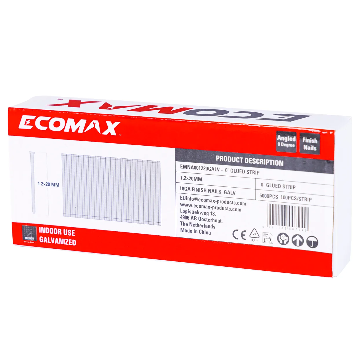 （EMNA001220GALV） EMX 0´18GA brad galv. plain 1.2x20mm, strip, 5000