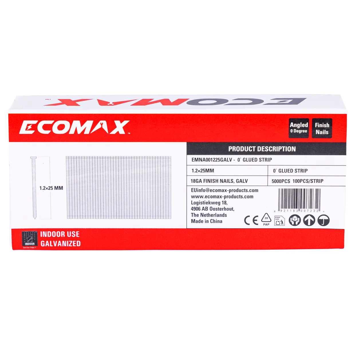 （EMNA001225GALV）EMX 0´18GA brad galv. plain 1.2x25mm, strip, 5000