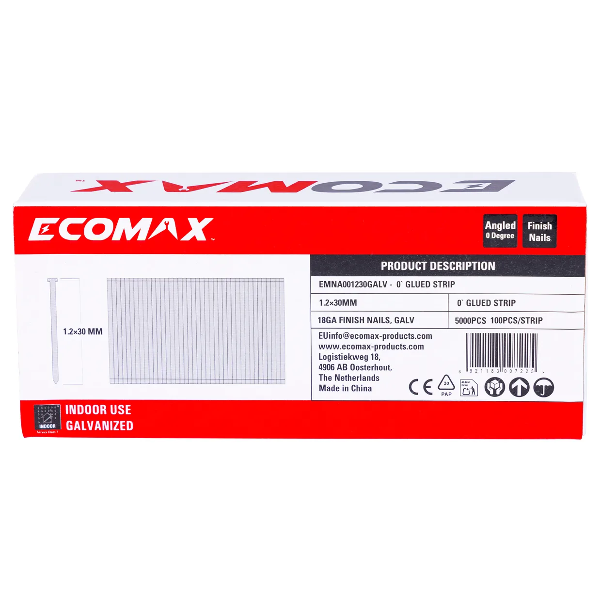 （EMNA001230GALV）EMX 0´18GA brad galv. plain 1.2x30mm, strip, 5000