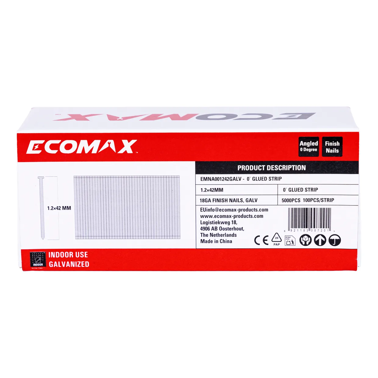 （EMNA001242GALV）EMX 0´18GA brad galv. plain 1.2x42mm, strip, 5000