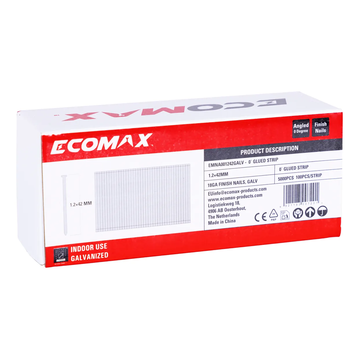 （EMNA001242GALV）EMX 0´18GA brad galv. plain 1.2x42mm, strip, 5000