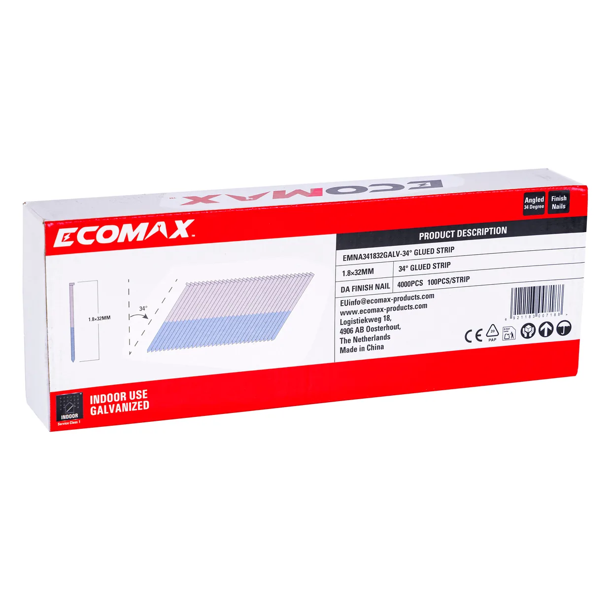 （EMNA341832GALV）EMX 34´ DA finish nail galv. 1.8x32mm, strip, 4000