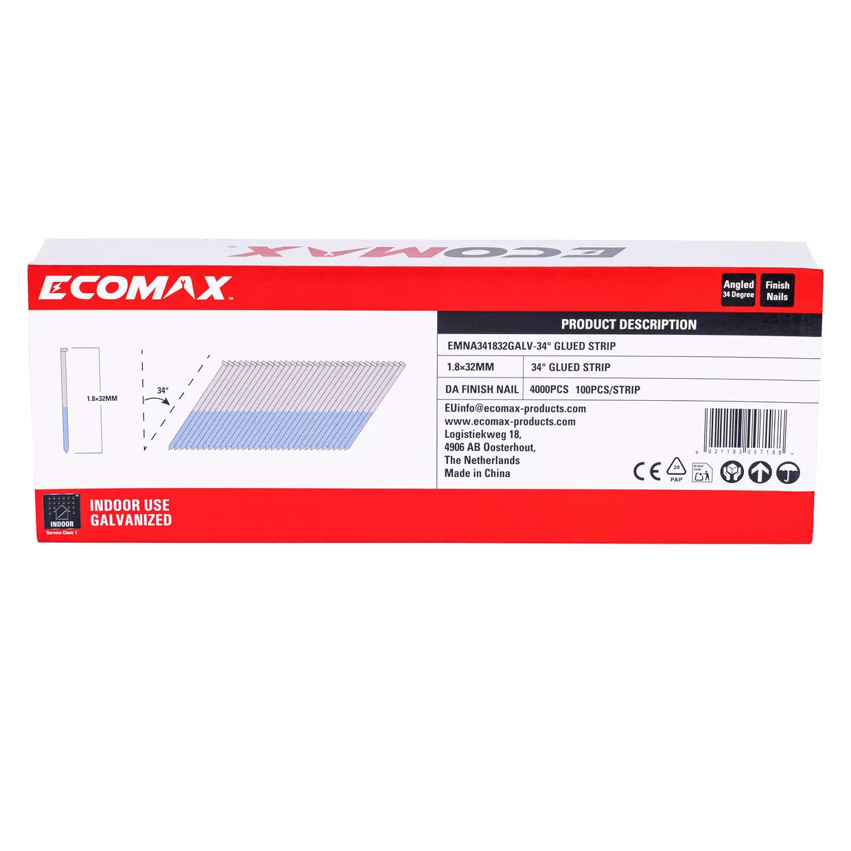 （EMNA341832GALV）EMX 34´ DA finish nail galv. 1.8x32mm, strip, 4000