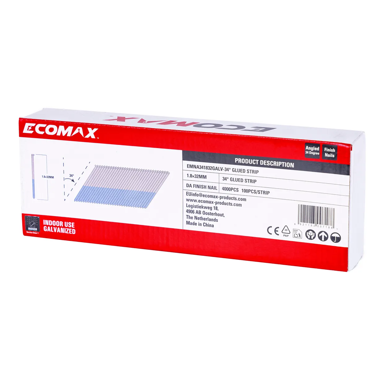 （EMNA341832GALV）EMX 34´ DA finish nail galv. 1.8x32mm, strip, 4000