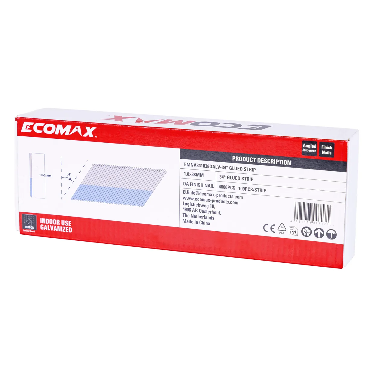 （EMNA341838GALV）EMX 34´ DA finish nail galv. 1.8x38mm, strip, 4000