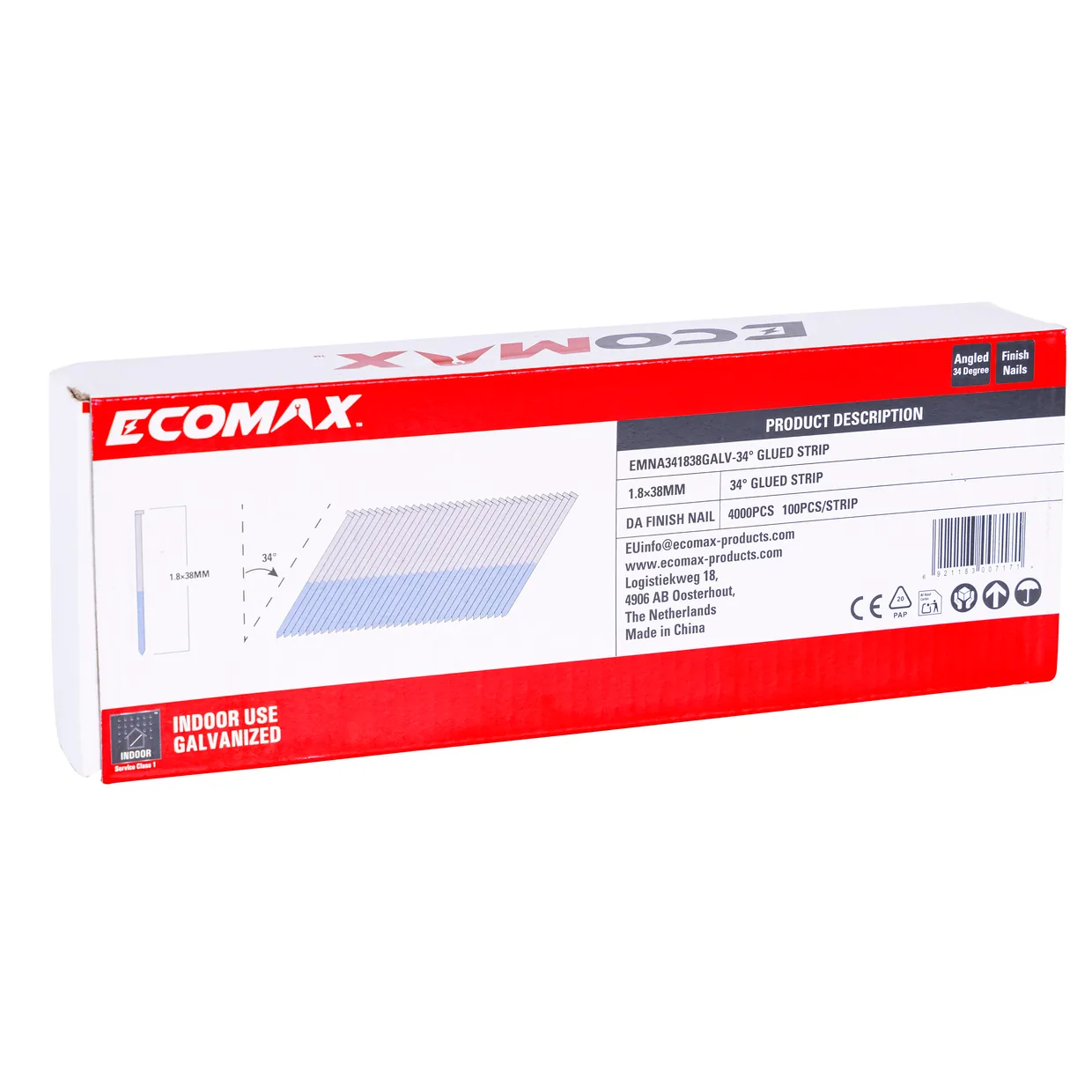 （EMNA341838GALV）EMX 34´ DA finish nail galv. 1.8x38mm, strip, 4000
