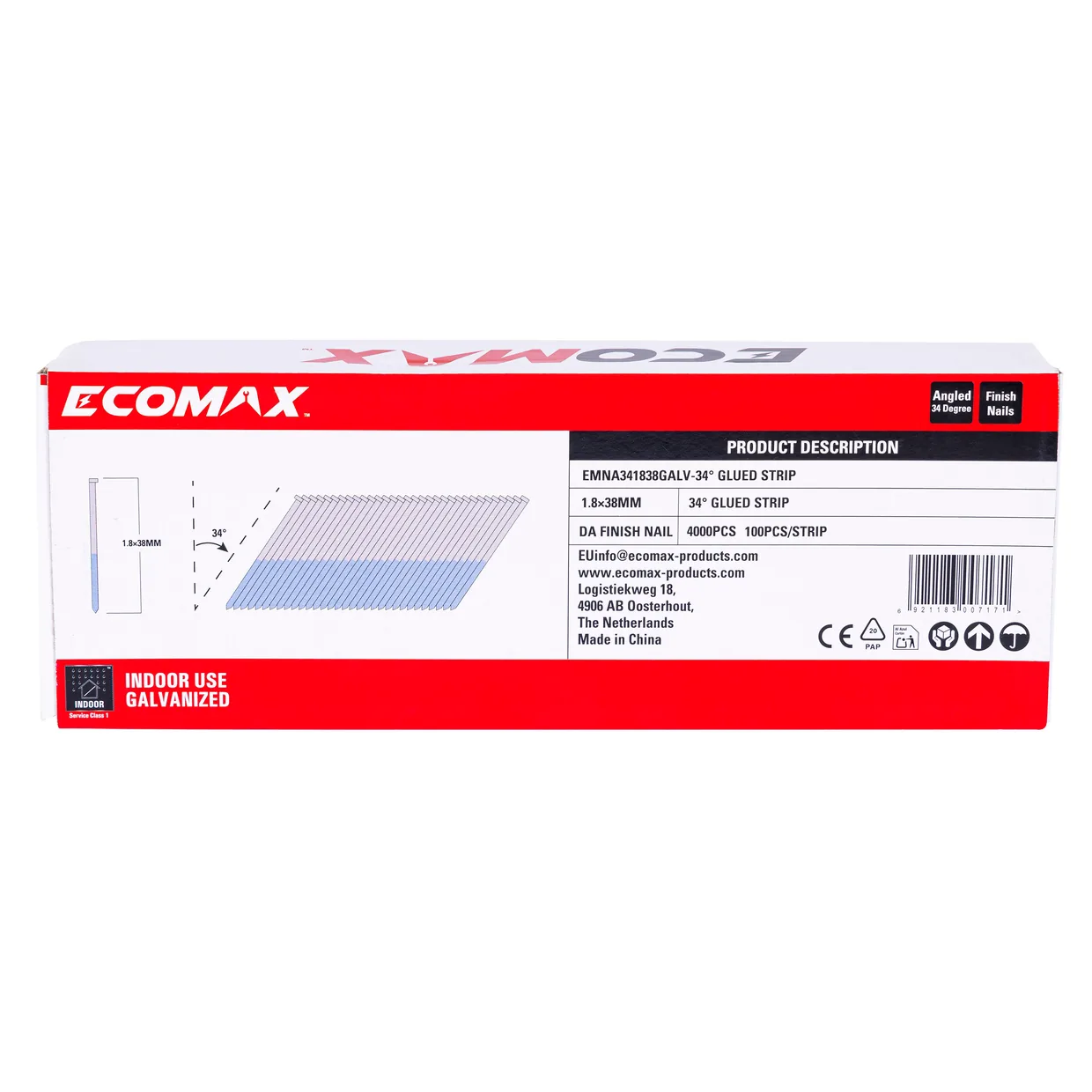 （EMNA341838GALV）EMX 34´ DA finish nail galv. 1.8x38mm, strip, 4000