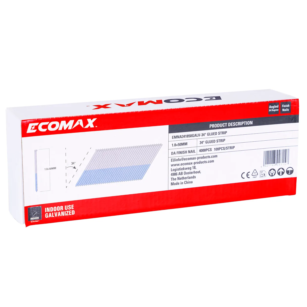 （EMNA341850GALV）EMX 34´ DA finish nail galv. 1.8x50mm, strip, 4000