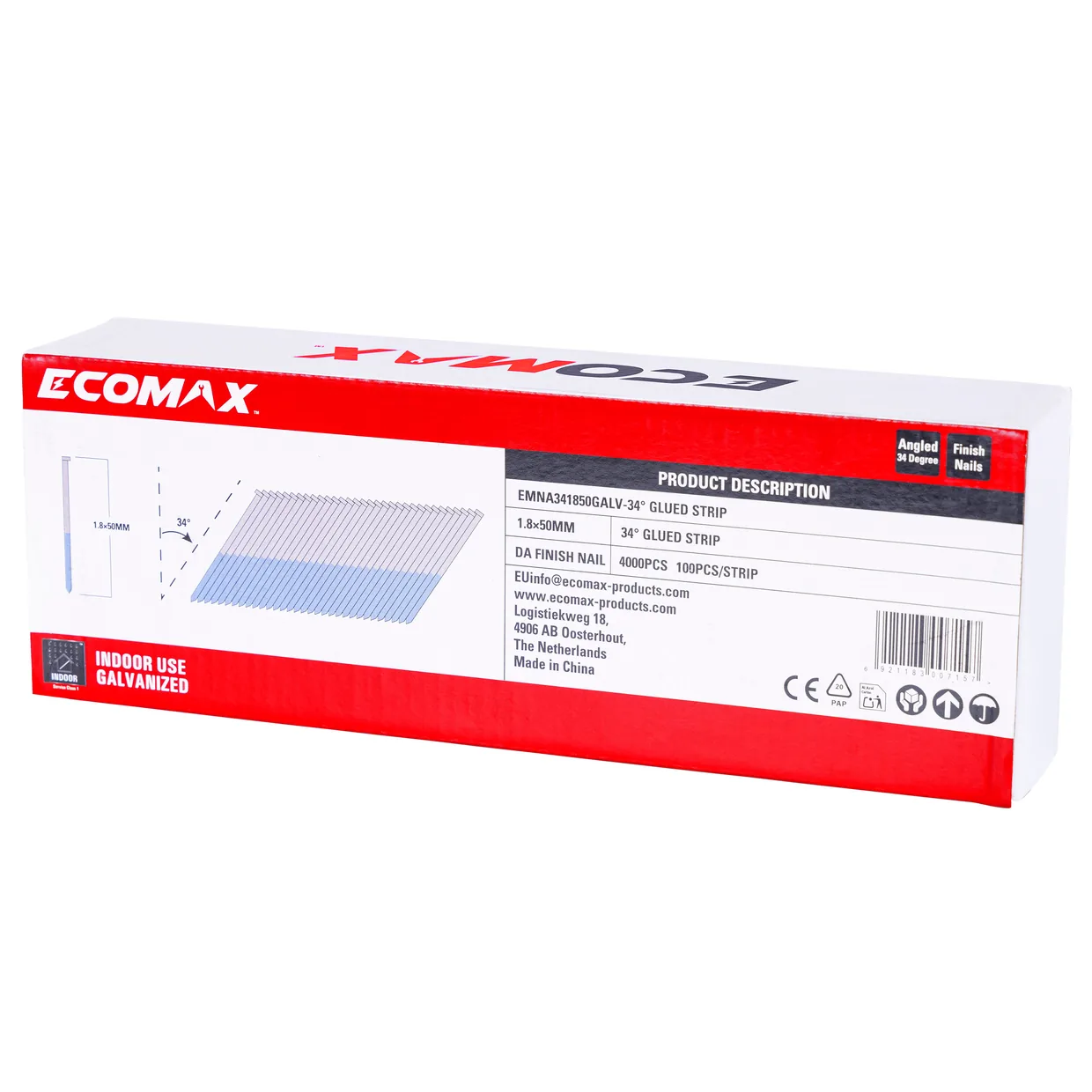 （EMNA341850GALV）EMX 34´ DA finish nail galv. 1.8x50mm, strip, 4000