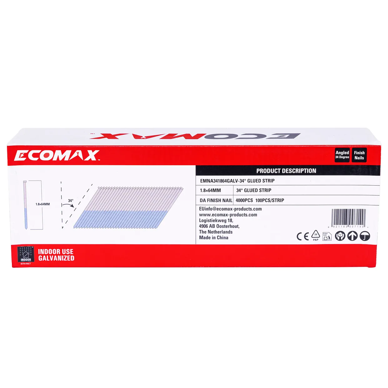 （EMNA341864GALV）EMX 34´ DA finish nail galv. 1.8x64mm, strip, 4000