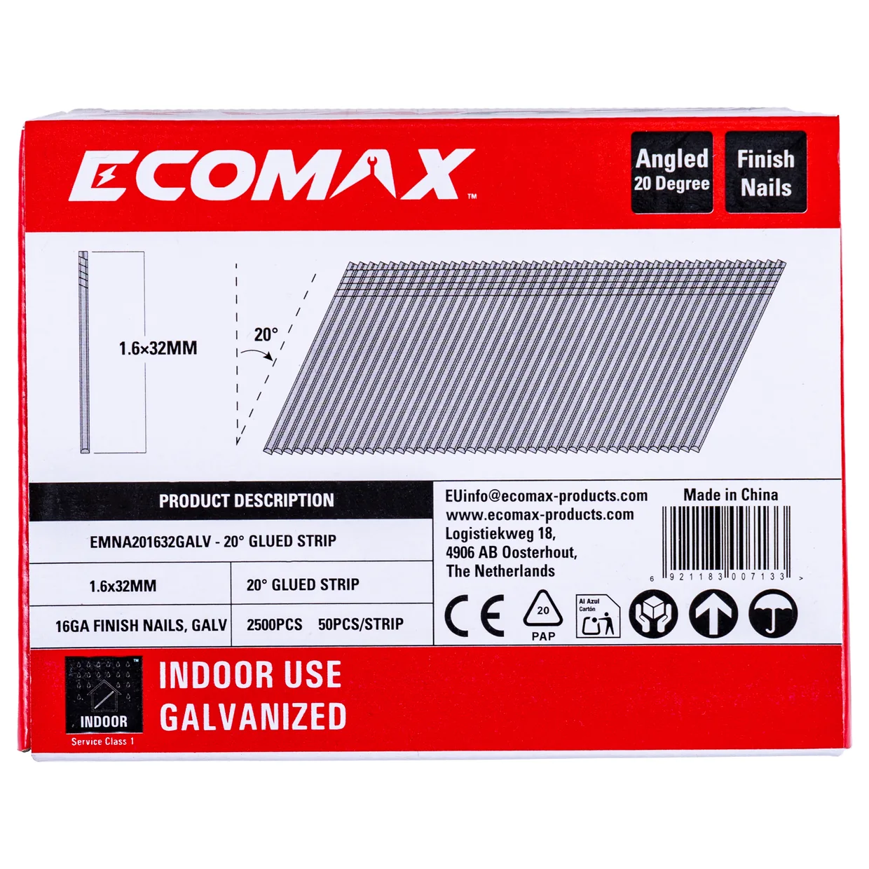 （EMNA201632GALV）EMX 20´16GA brad galv. plain 1.6x32mm, strip, 2500