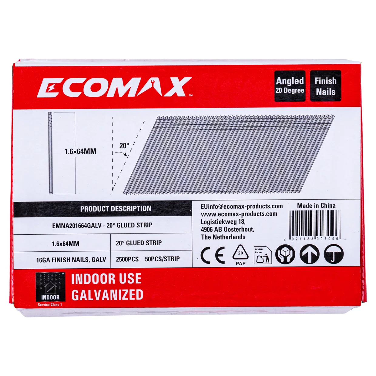 （EMNA201664GALV）EMX 20´16GA brad galv. plain 1.6x64mm, strip, 2500